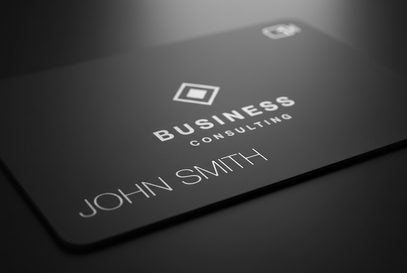 Close-up of a black metal business card with engraved logo