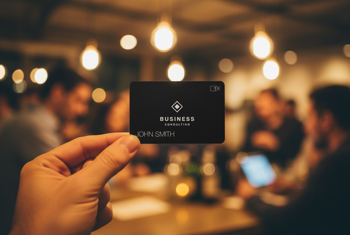 Fanned set of matching black metal business cards for a team
