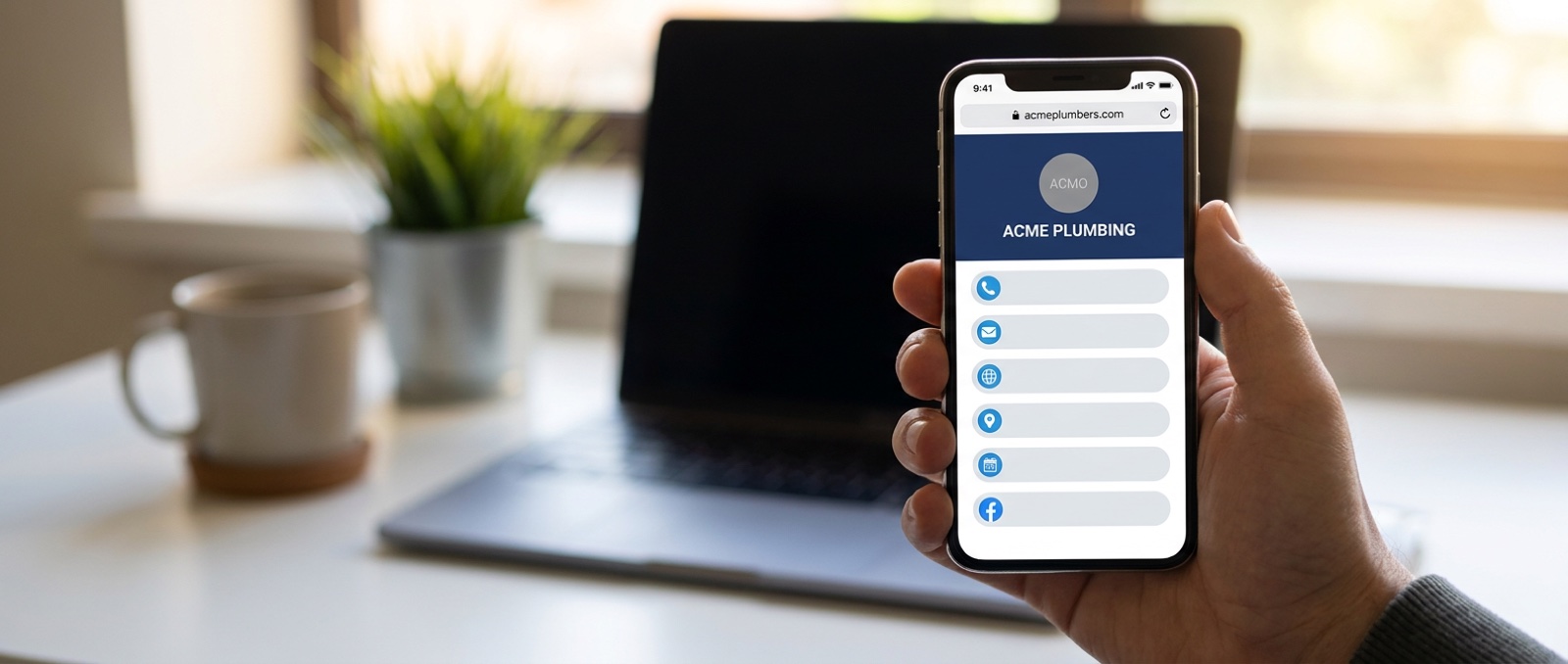 acmeplumbers.com opens the company card: the number, the WhatsApp, the areas covered, the quote form