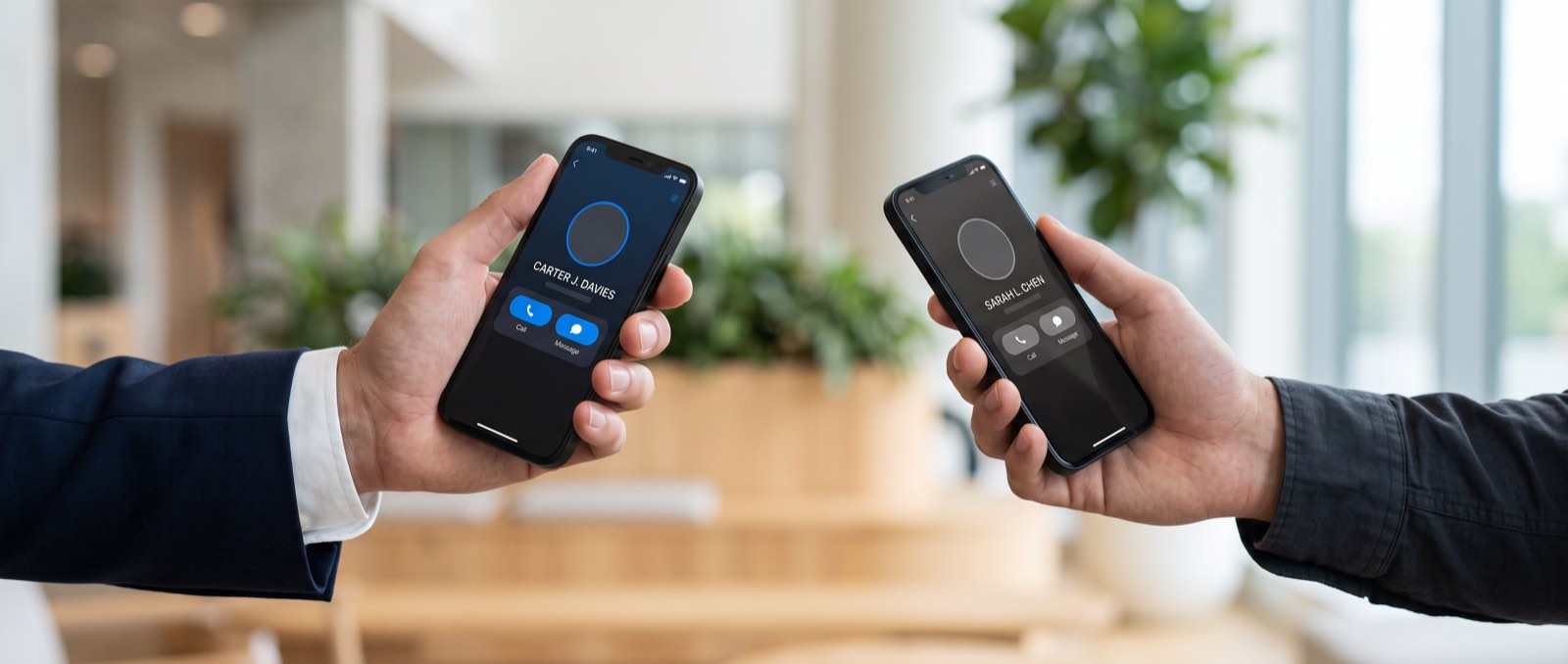 Two people holding out their phones side by side to swap contact cards
