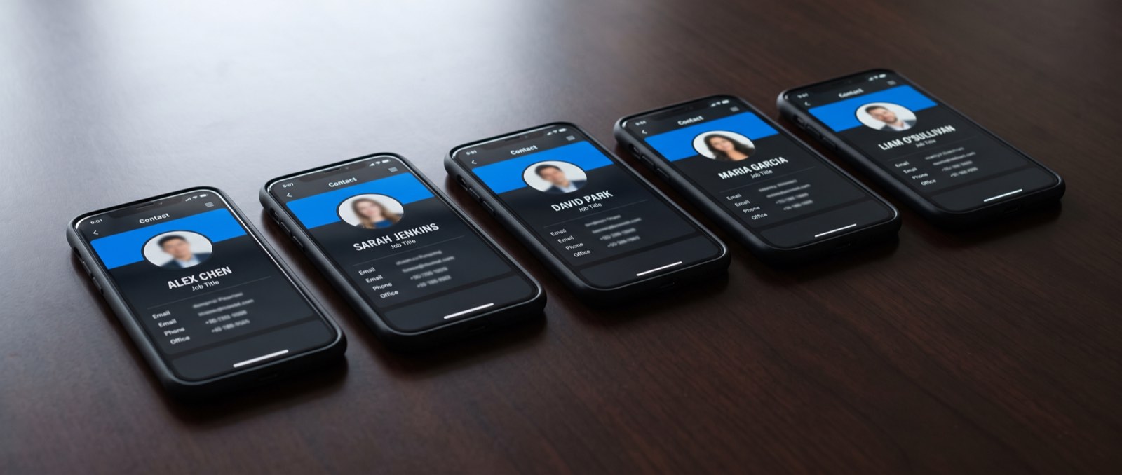 Five phones on a boardroom table, each showing a different team member’s Card1 on the same company branding
