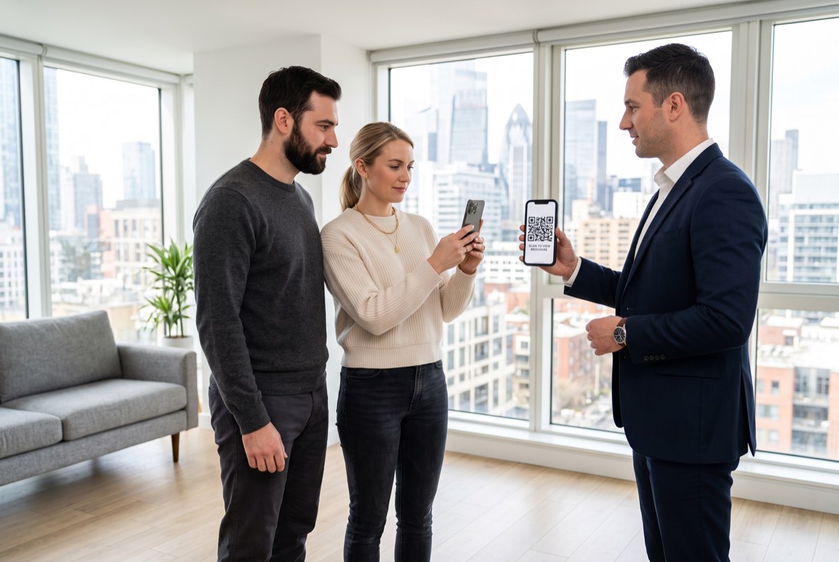 An estate agent showing a QR code on his phone for a couple to scan at a property viewing