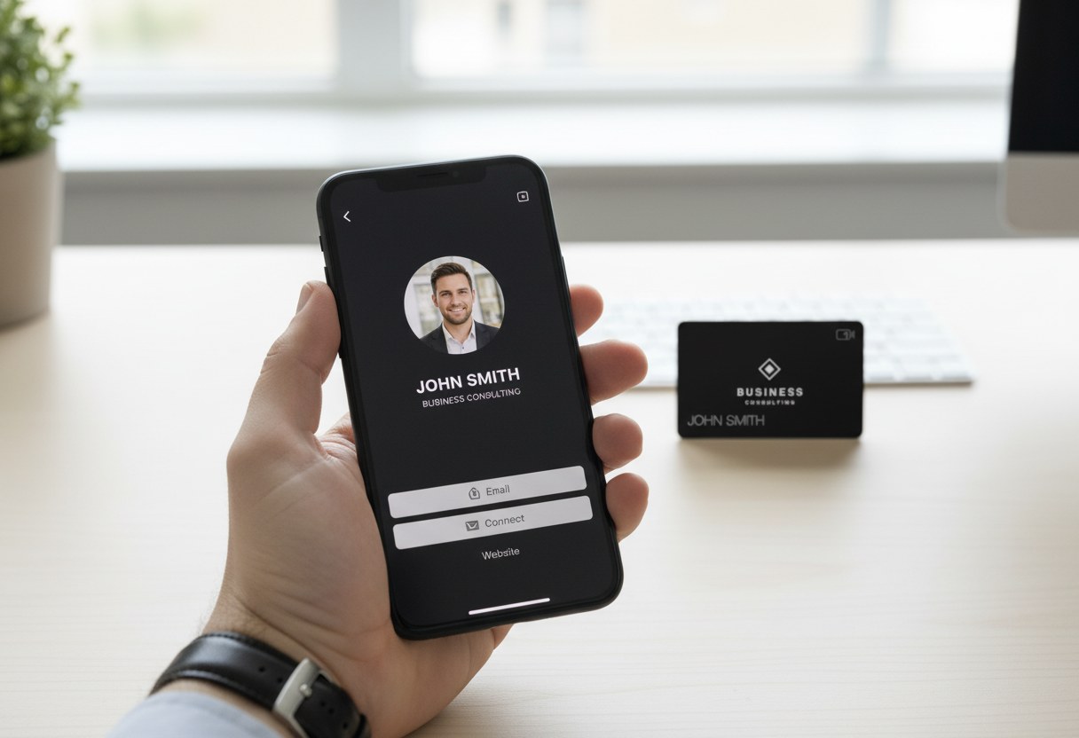 A Card1 digital business card profile on a phone
