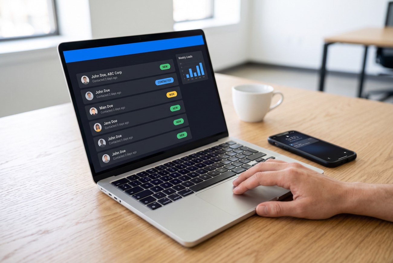 A laptop showing the Card1 leads dashboard with statuses and a weekly chart
