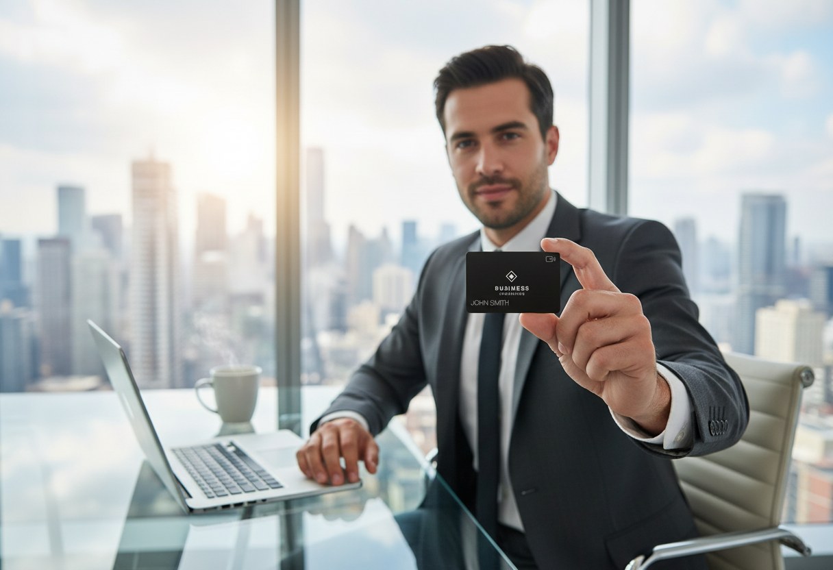 A consultant sharing their Card1 digital business card across a boardroom table