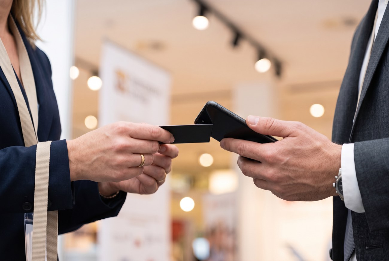 Tapping a phone against a Card1 to swap details at a conference