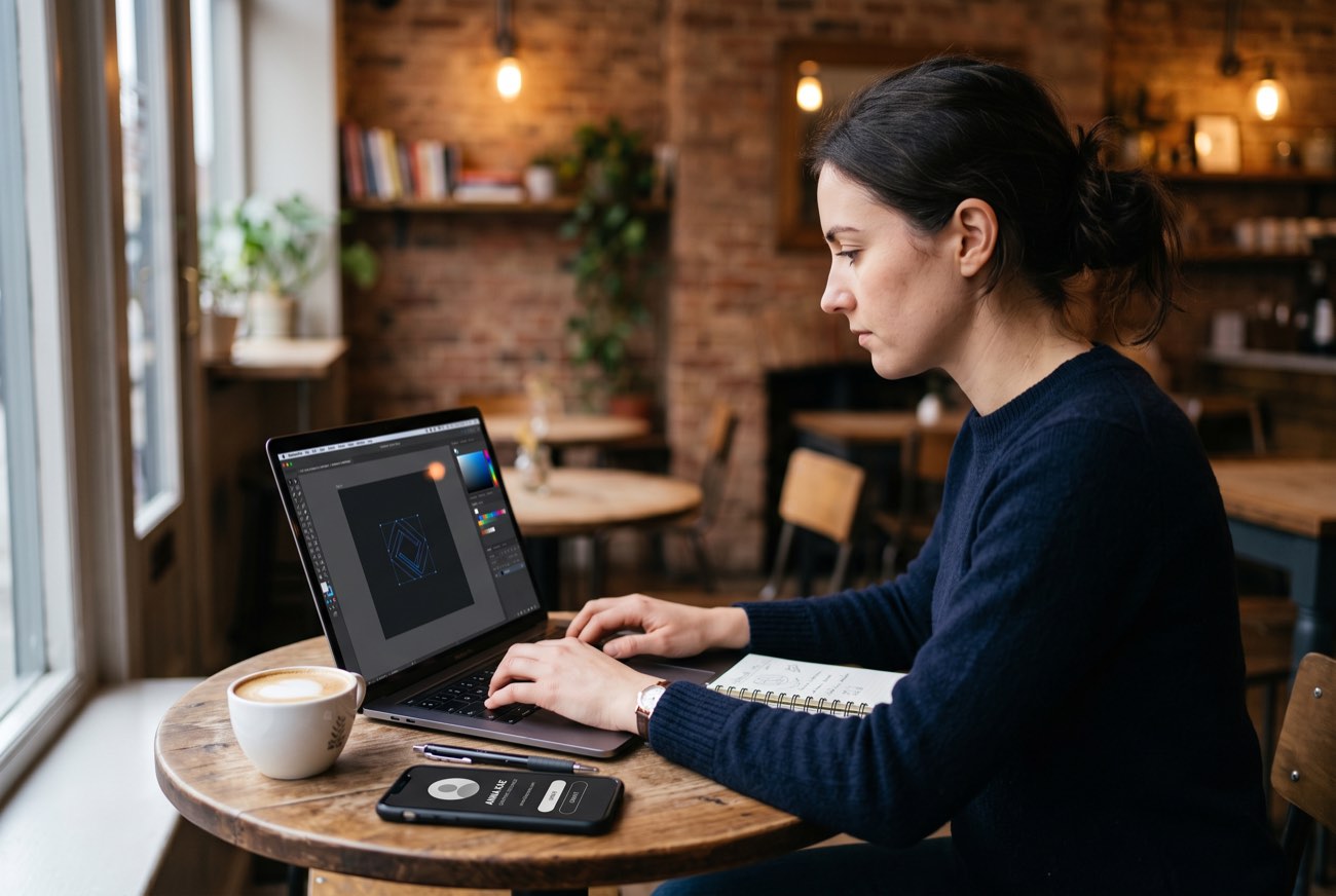 A freelance designer working at a laptop in a coffee shop, her Card1 digital card open on the phone beside her