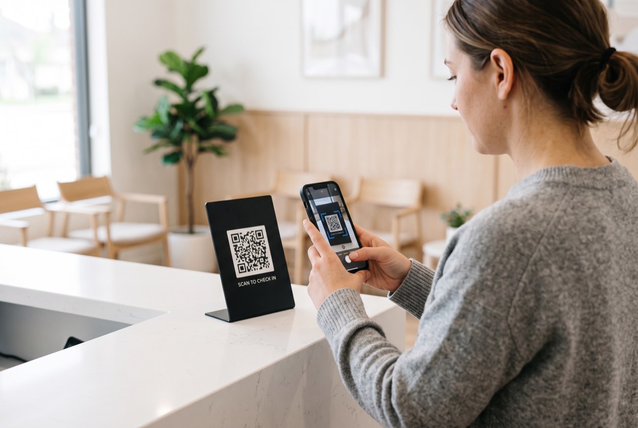 A patient scanning the Card1 QR code on a clinic reception stand with her phone