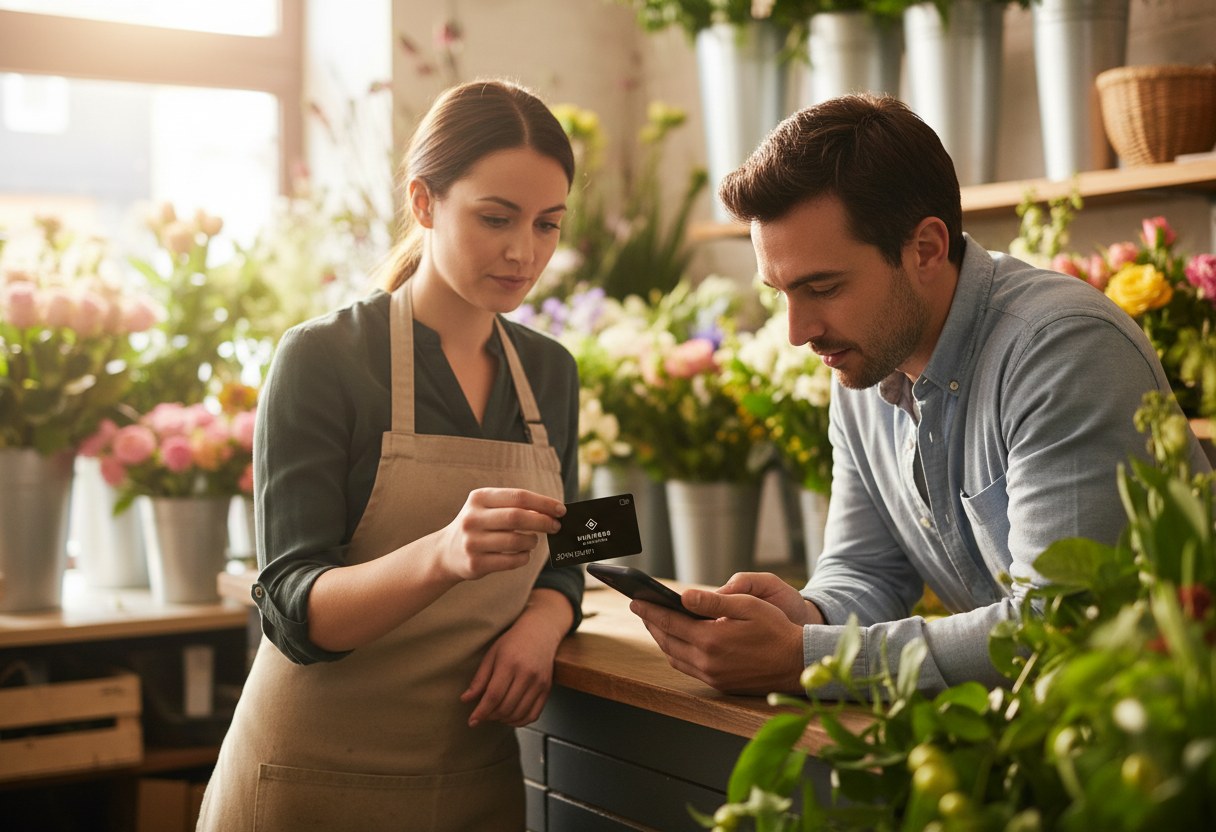 A florist sharing her Card1 digital business card with a customer