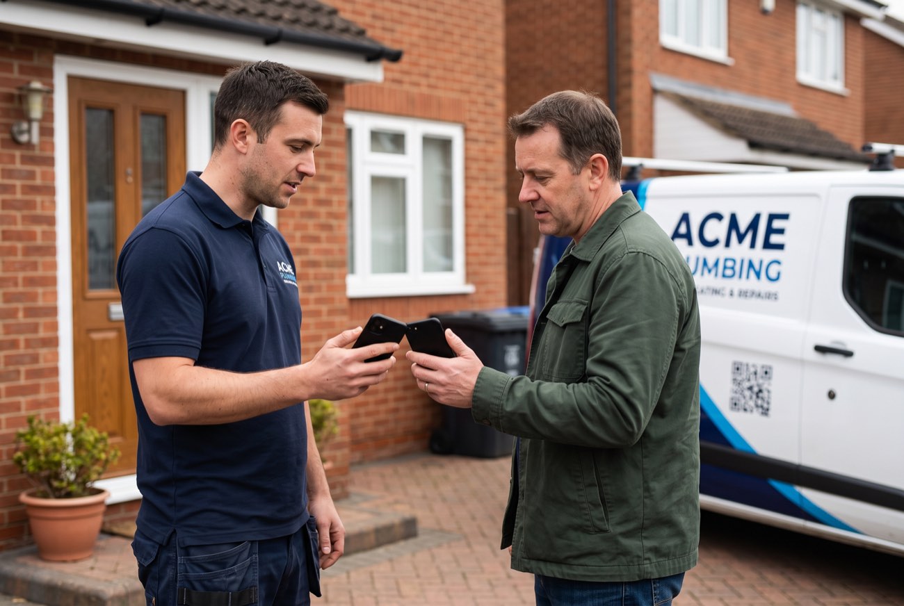 A plumber and a customer tapping their phones together on a doorstep, his signwritten van behind carrying a QR code