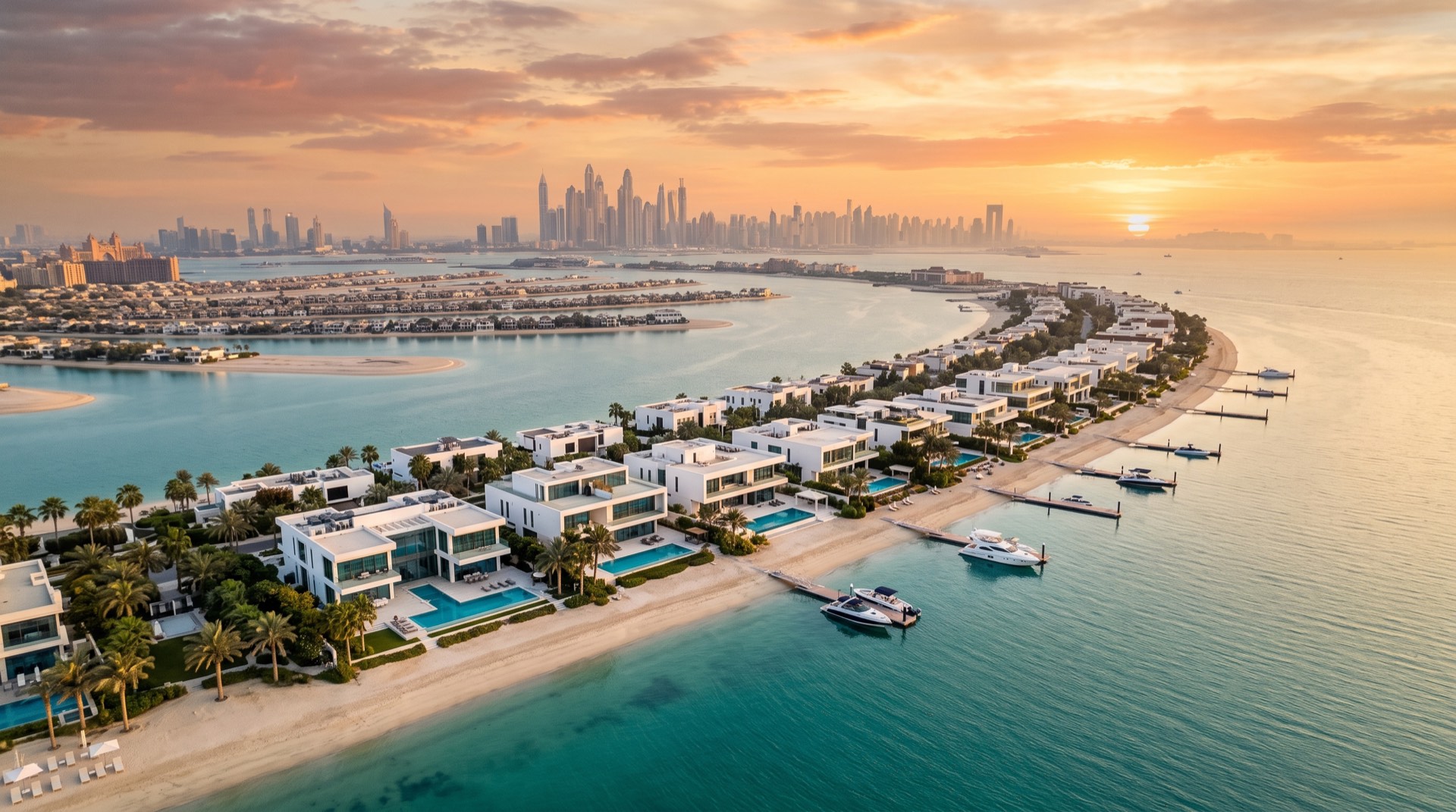 Beachfront villas on Palm Jumeirah at sunset