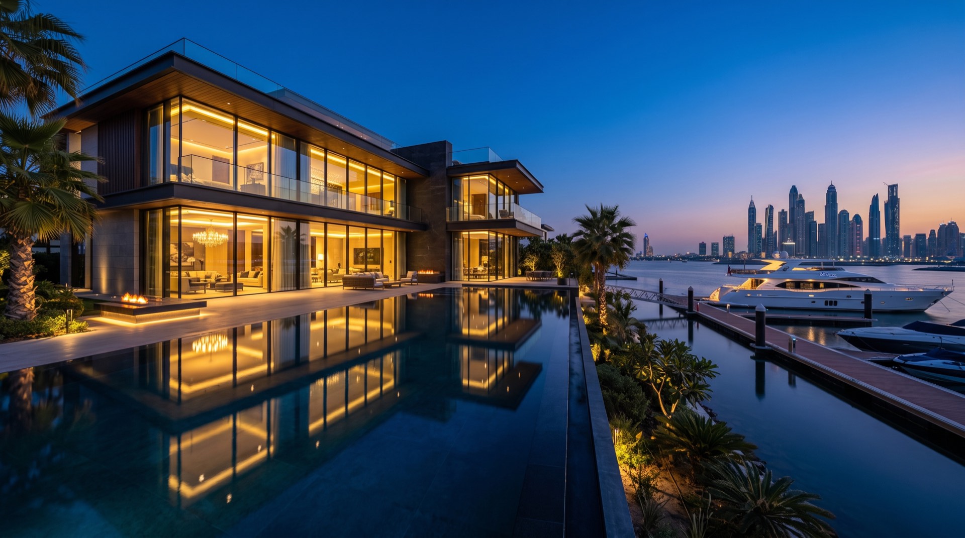 Waterfront mansion at blue hour with private mooring