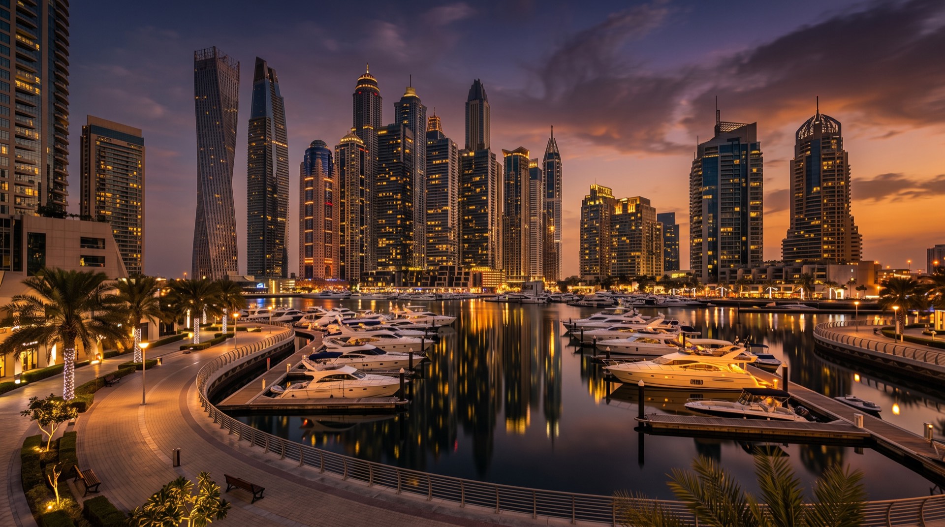 Dubai Marina promenade and moored yachts at dusk